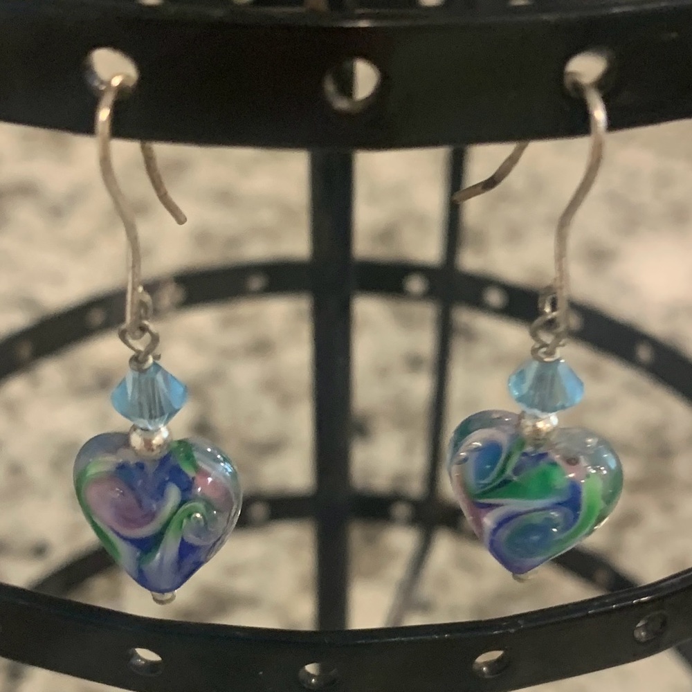 Venetian Glass Blue and Green Swirled Heart Earrings
